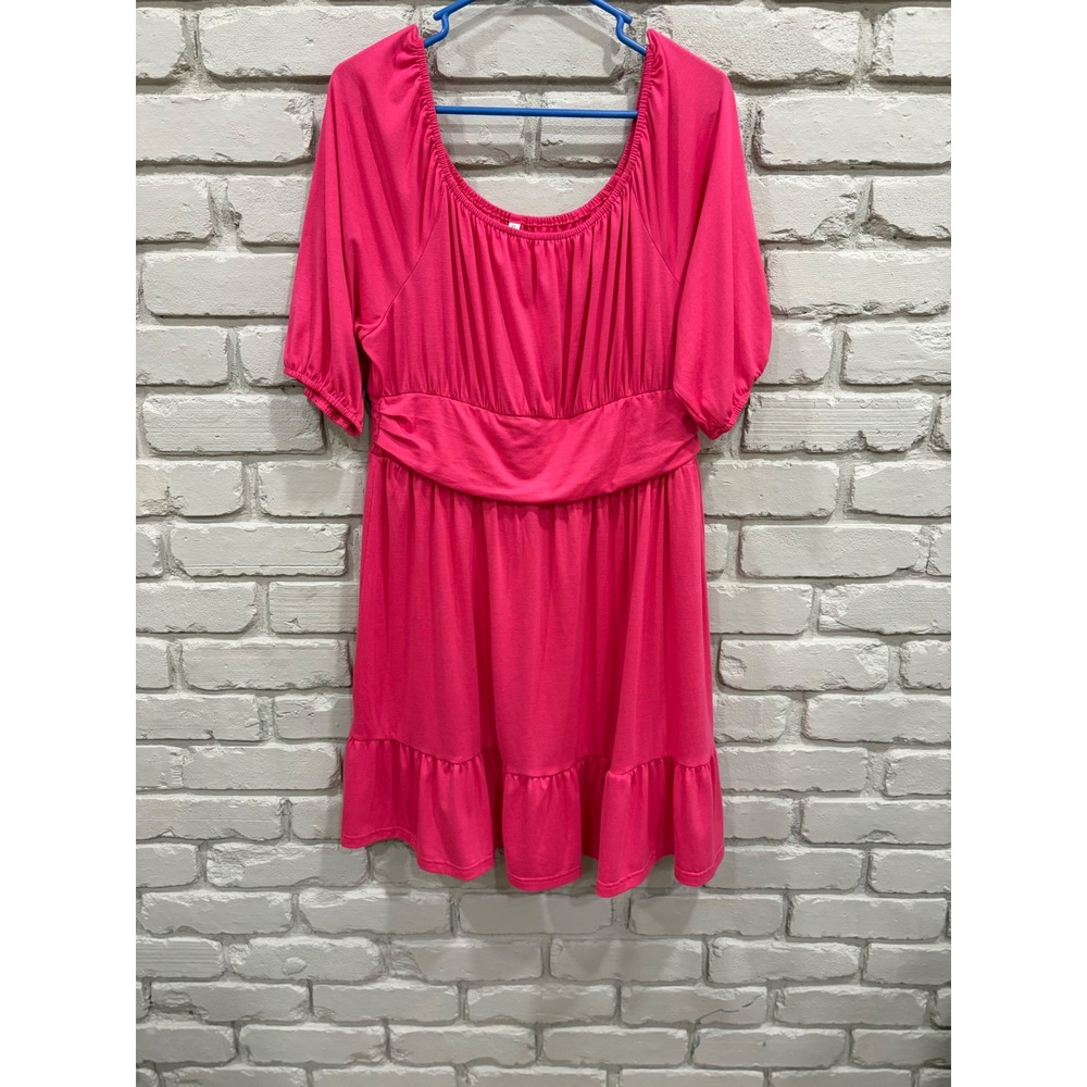 Anrabess XL Hot Pink Empire Waist Ruffle Hem Mini Dress 3/4 Sleeve Scoop Neck